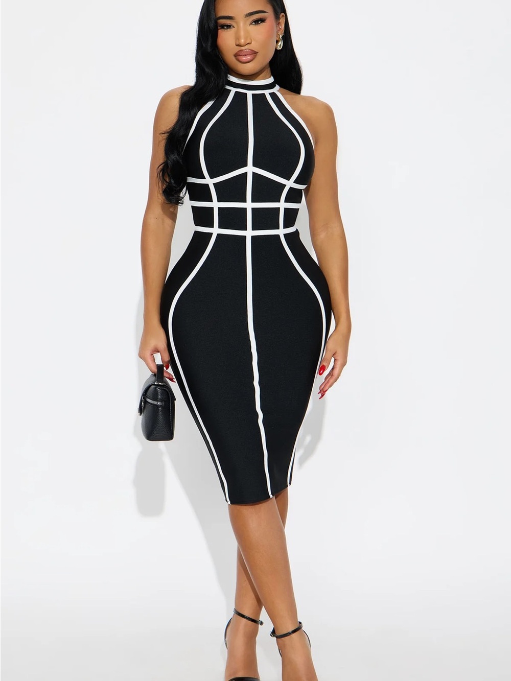Fashion Nova Black Midi Halter Dress with White Piping